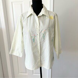 Vintage Tabi Pinstriped Cottagecore Floral Embroidered Sequins Button Down Shirt